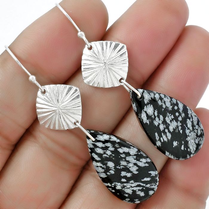 Natural Snow Flake Obsidian Earrings SDE61359 E-1094, 14x25 mm