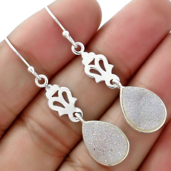 Natural White Snow Agate Druzy Earrings SDE61450 E-1094, 10x14 mm