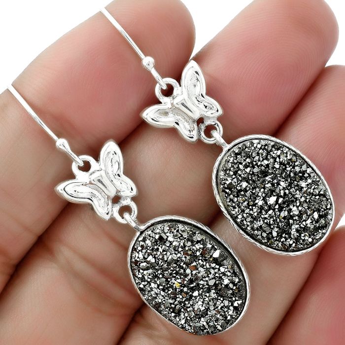 Butterfly - Natural Platinium Druzy Earrings SDE61476 E-1080, 13x18 mm