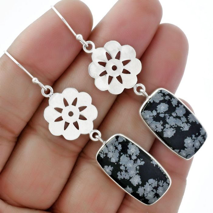 Natural Snow Flake Obsidian Earrings SDE61598 E-1094, 12x23 mm