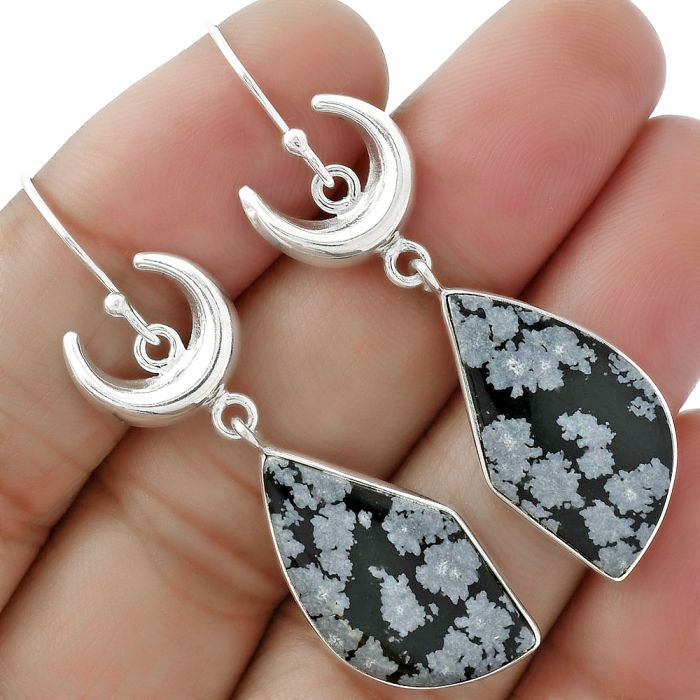 Crescent Moon - Snow Flake Obsidian Earrings SDE61676 E-1207, 13x24 mm