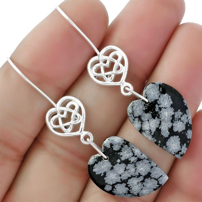 Valentine Gift Celtic - Heart Snow Flake Obsidian Earrings SDE61938 E-1213, 14x21 mm
