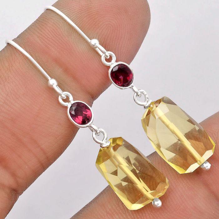 Faceted Natural Lemon Quartz & Garnet Earrings SDE62851 E-1012, 10x16 mm