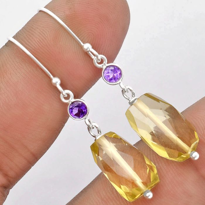 Faceted Lemon Quartz & Amethyst Earrings SDE62859 E-1012, 9x16 mm