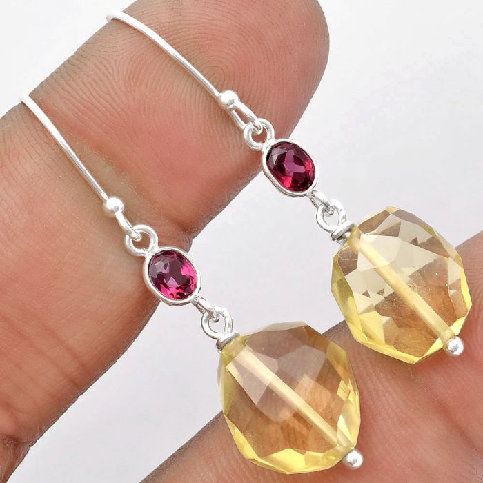 Faceted Natural Lemon Quartz & Garnet Earrings SDE62862 E-1012, 12x14 mm