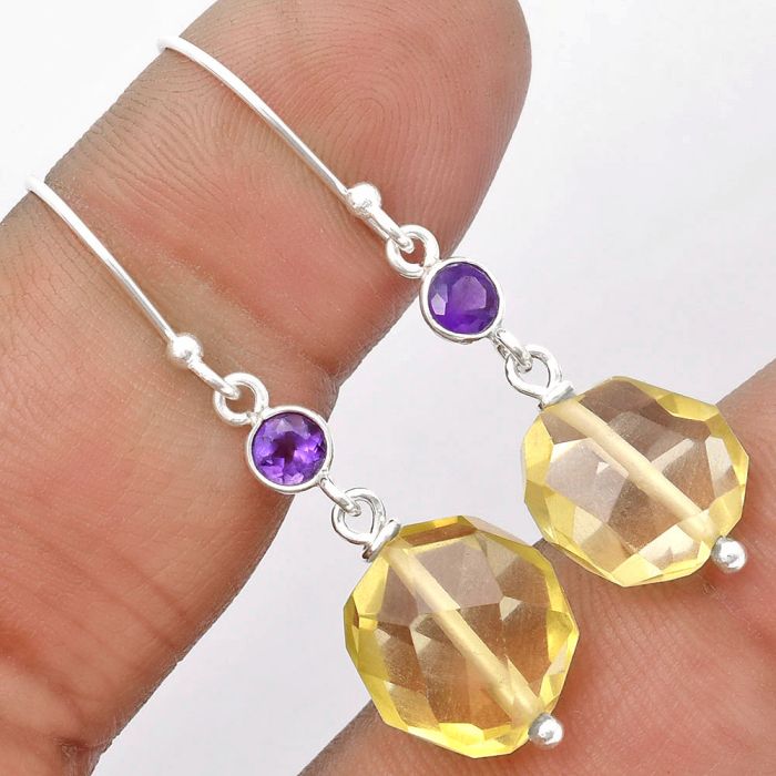 Faceted Lemon Quartz & Amethyst Earrings SDE62874 E-1012, 12x12 mm