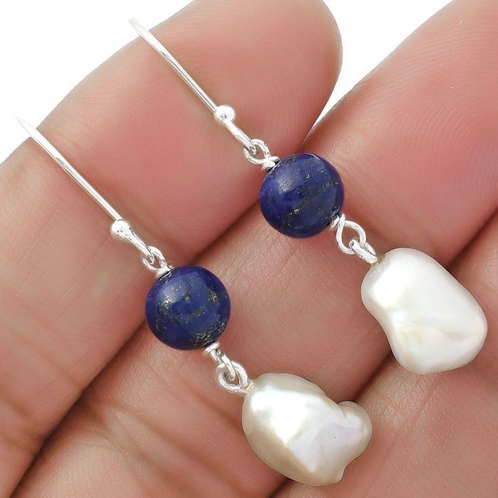 Natural Fresh Water Biwa Pearl & Lapis Earrings SDE64153 E-1010, 9x12 mm