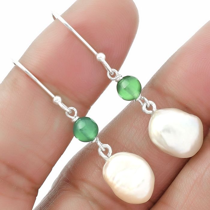 Fresh Water Biwa Pearl & Green Onyx Earrings SDE64160 E-1010, 9x12 mm