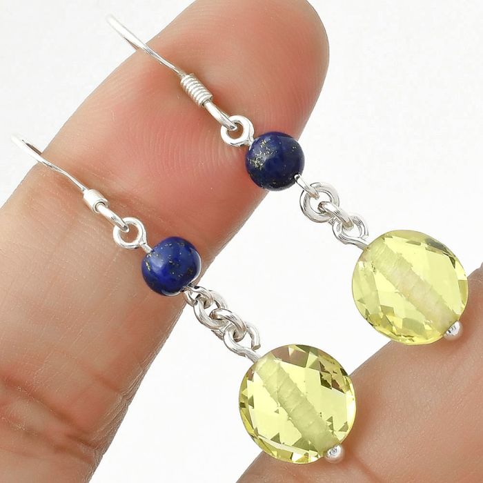 Natural Lemon Quartz Briolette & Lapis Earrings SDE64736 E-1009, 10x10 mm