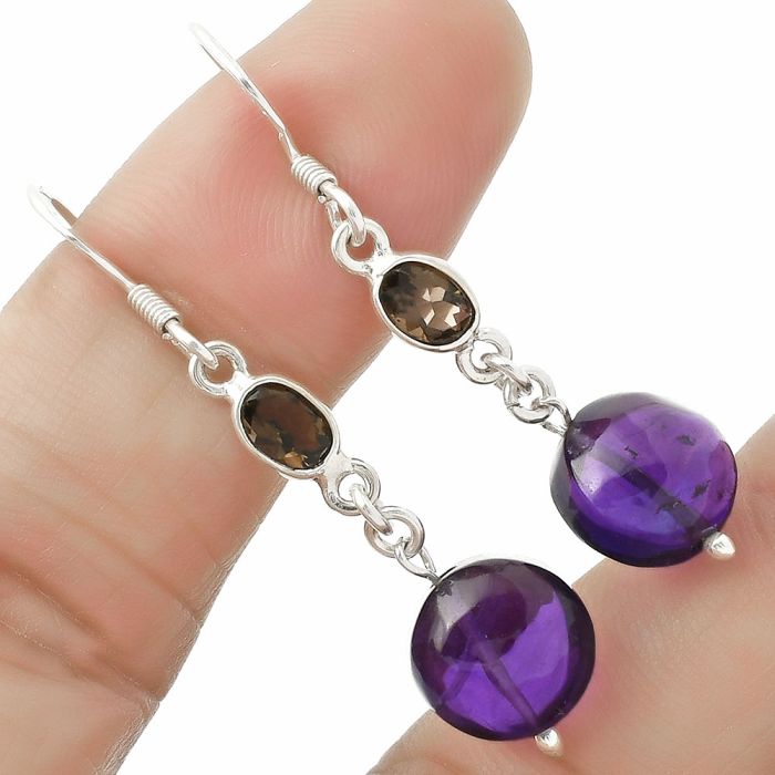 African Amethyst & Smoky Quartz Earrings SDE64802 E-1012, 10x10 mm