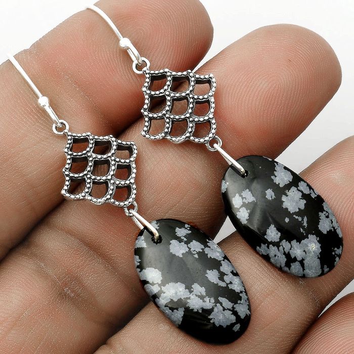 Natural Snow Flake Obsidian Earrings SDE65141 E-1235, 13x22 mm