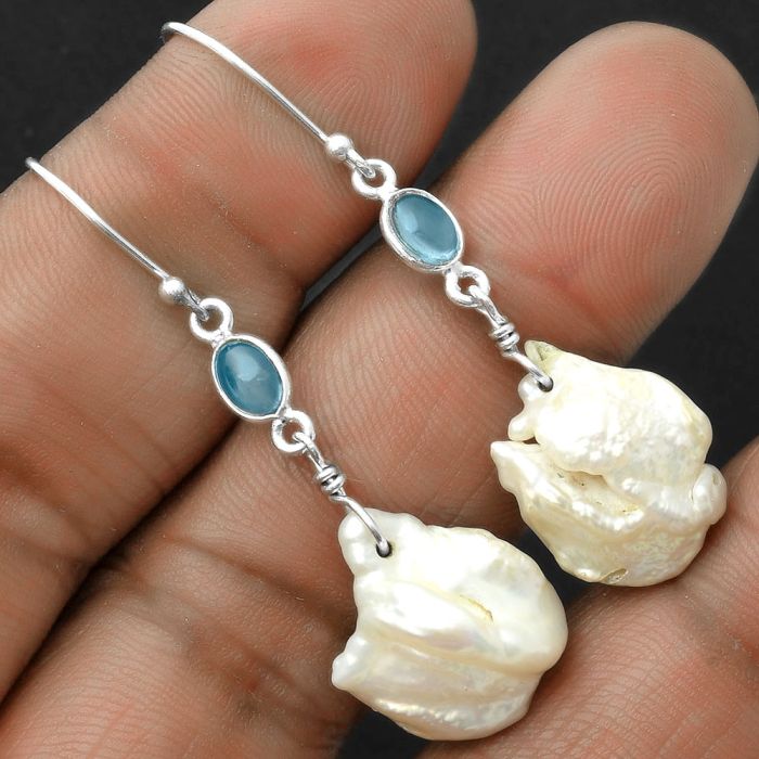 Natural Fresh Water Pearl & London Blue Topaz Earrings SDE65336 E-1011, 15x17 mm