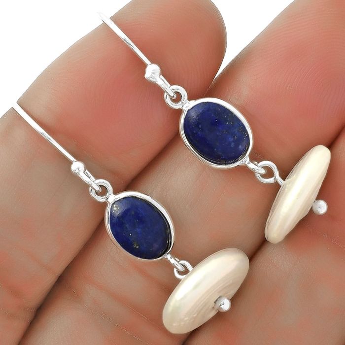 Natural Fresh Water Pearl & Lapis Earrings SDE65596 E-1012, 13x13 mm