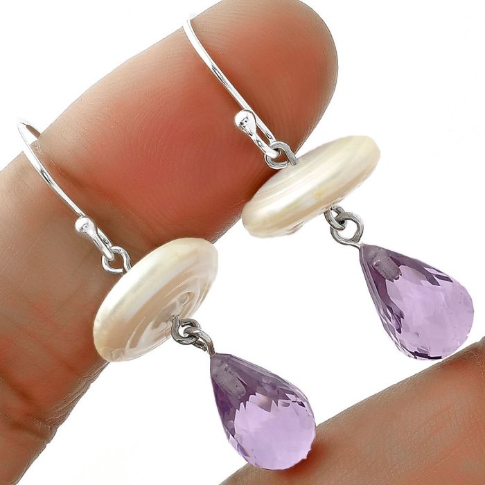 Natural Fresh Water Pearl & Amethyst Earrings SDE65599 E-1010, 14x14 mm