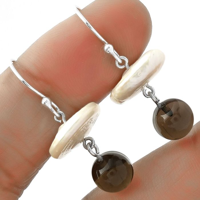 Natural Fresh Water Pearl & Smoky Quartz Earrings SDE65602 E-1010, 14x14 mm