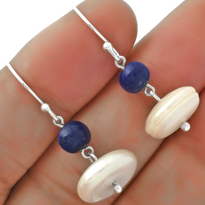 Natural Fresh Water Pearl & Lapis Earrings SDE65607 E-1009, 14x14 mm