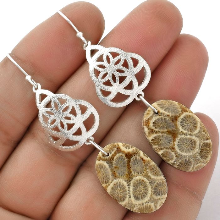 Natural Flower Fossil Coral Earrings SDE66495 E-1108, 14x23 mm