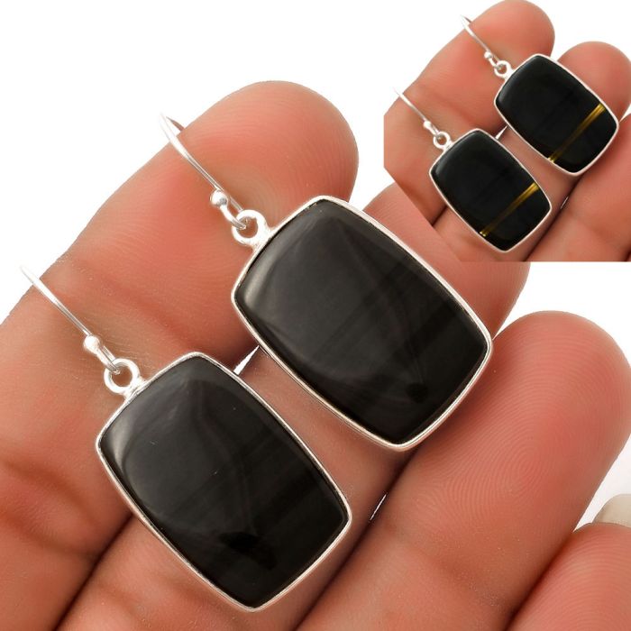 Natural Black Lace Obsidian Earrings SDE66873 E-1001, 15x23 mm