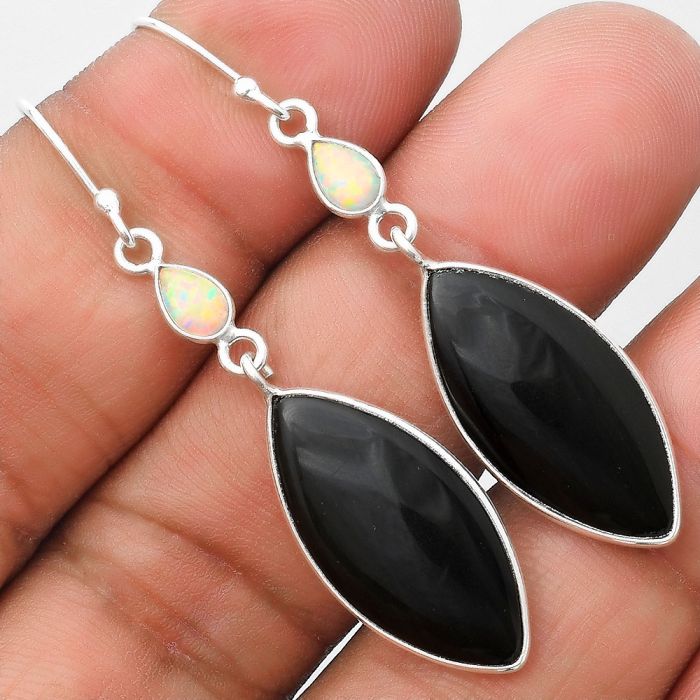 Black Lace Obsidian & Fire Opal Earrings SDE70308 E-1002, 12x23 mm