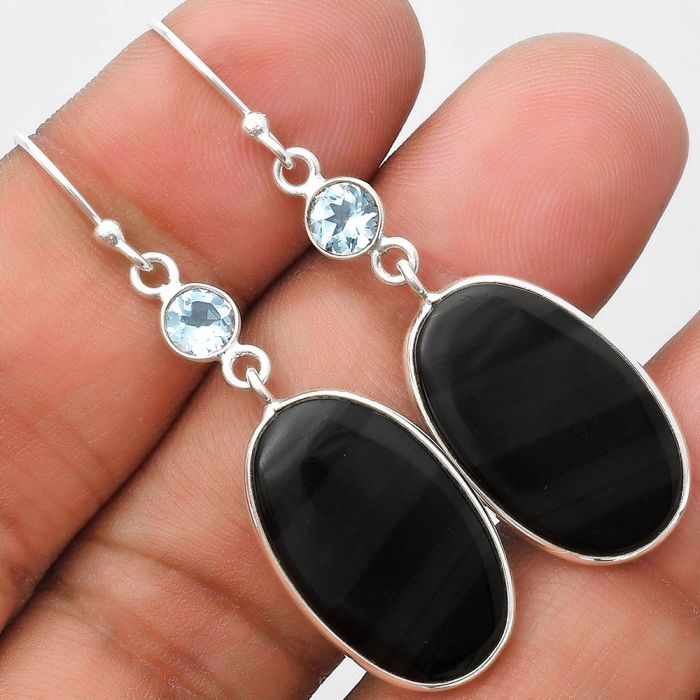 Black Lace Obsidian & Sky Blue Topaz Earrings SDE70313 E-1002, 13x22 mm