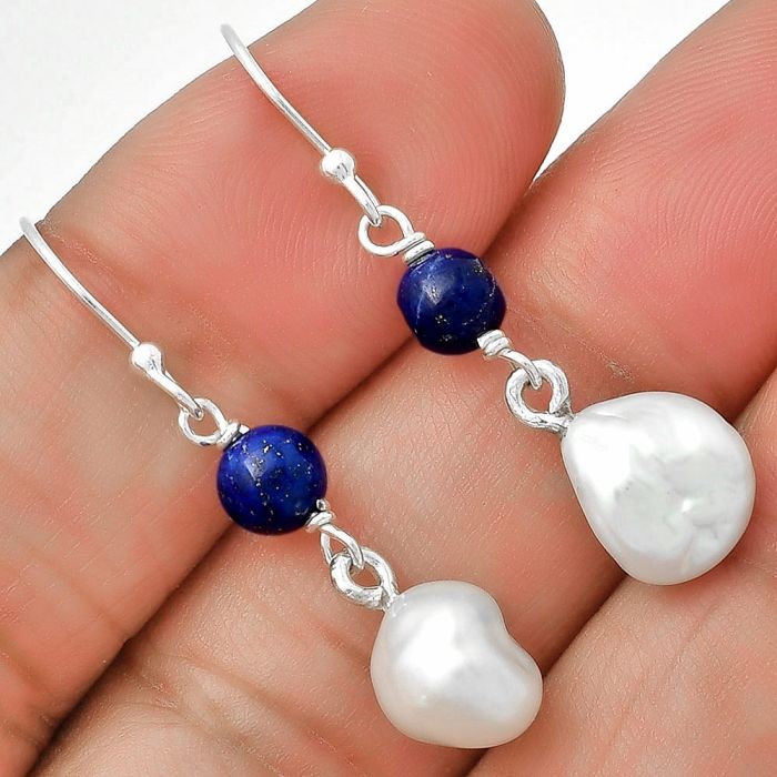 Natural Fresh Water Biwa Pearl & Lapis Lazuli Earrings SDE70546 E-1010, 9x9 mm