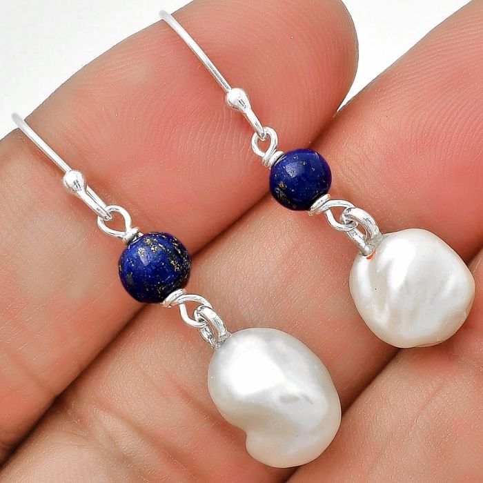 Natural Fresh Water Biwa Pearl & Lapis Lazuli Earrings SDE70549 E-1010, 9x11 mm