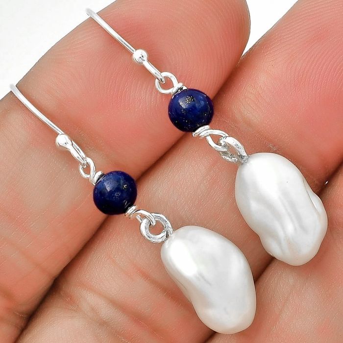 Natural Fresh Water Biwa Pearl & Lapis Lazuli Earrings SDE70555 E-1010, 9x13 mm