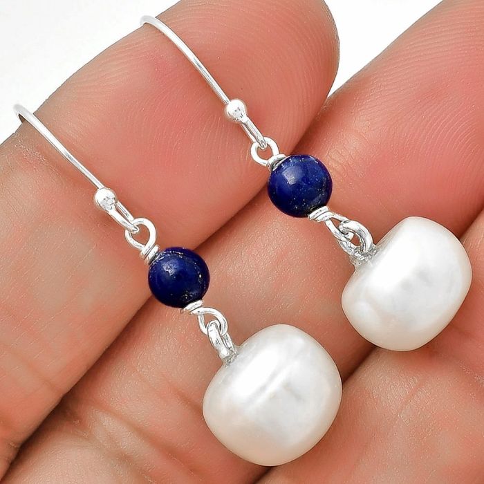 Fresh Water Pearl & Lapis Lazuli Earrings SDE70566 E-1010, 11x11 mm