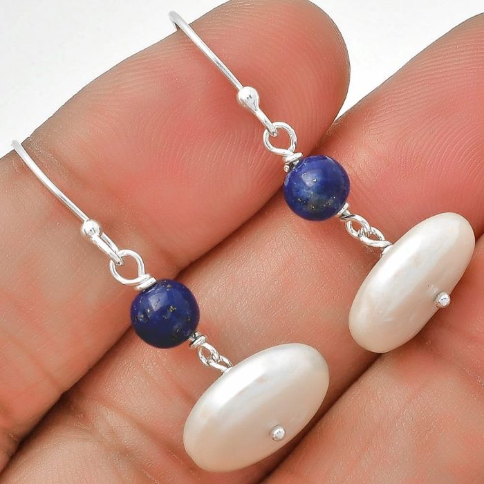 Fresh Water Pearl & Lapis Lazuli Earrings SDE70569 E-1009, 14x14 mm