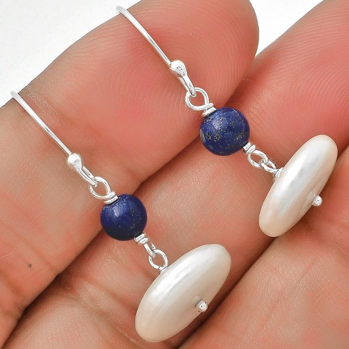 Fresh Water Pearl & Lapis Lazuli Earrings SDE70570 E-1009, 13x13 mm