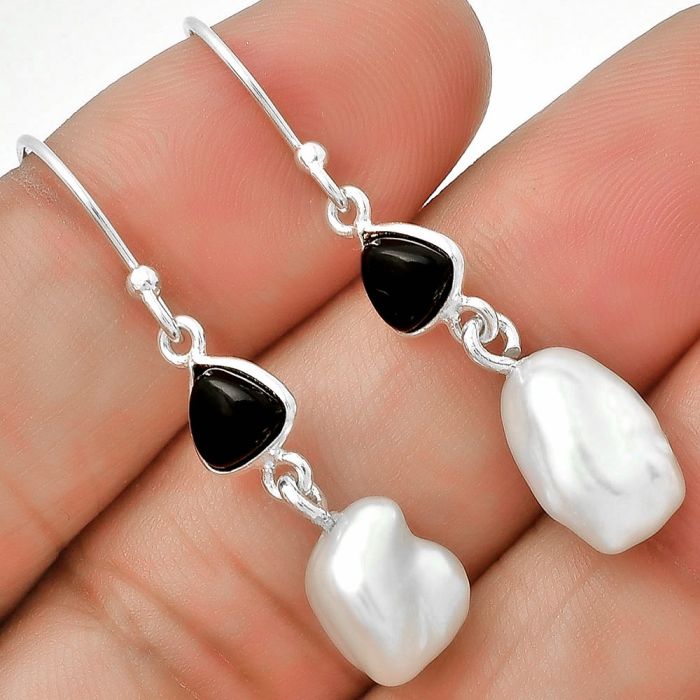 Natural Fresh Water Biwa Pearl & Black Onyx Earrings SDE70657 E-1011, 9x12 mm