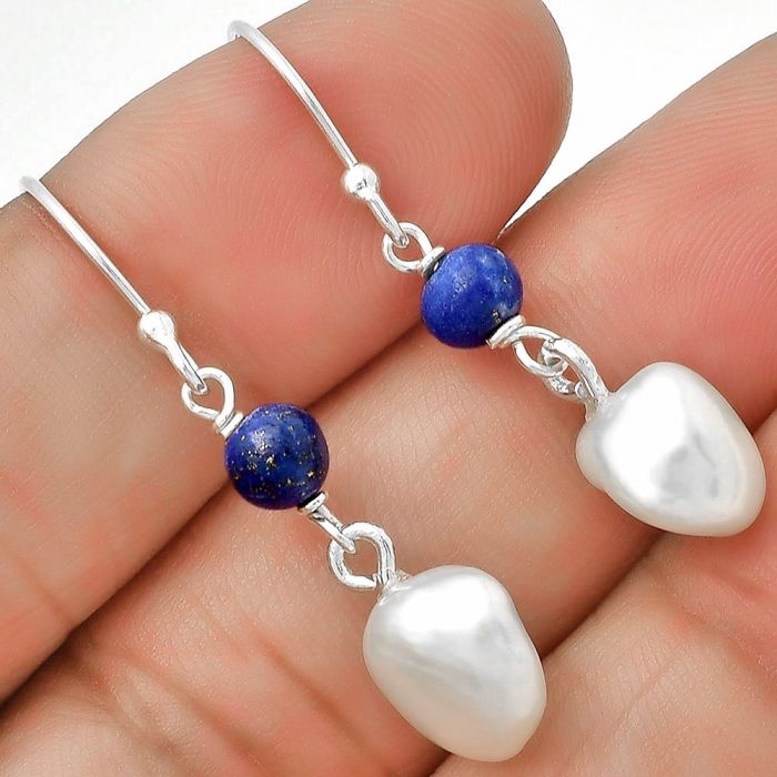 Natural Fresh Water Biwa Pearl & Lapis Lazuli Earrings SDE70662 E-1010, 9x10 mm