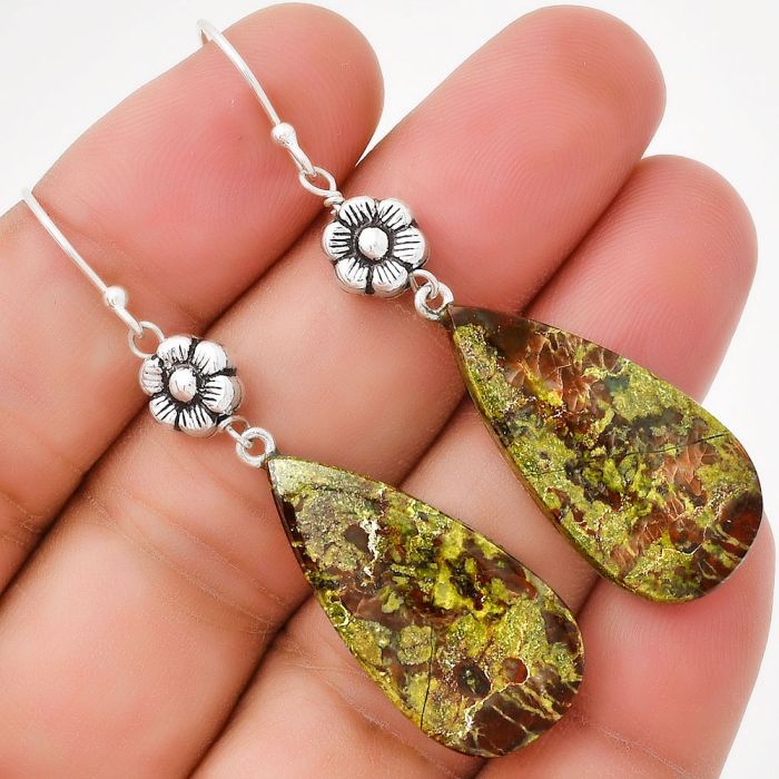 Floral - Natural Dragon Blood Stone Earrings SDE71344 E-1030, 14x28 mm