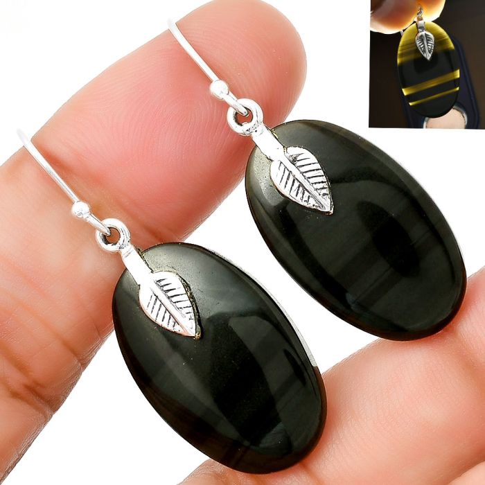 Natural Black Lace Obsidian Earrings SDE71536 E-1137, 15x25 mm
