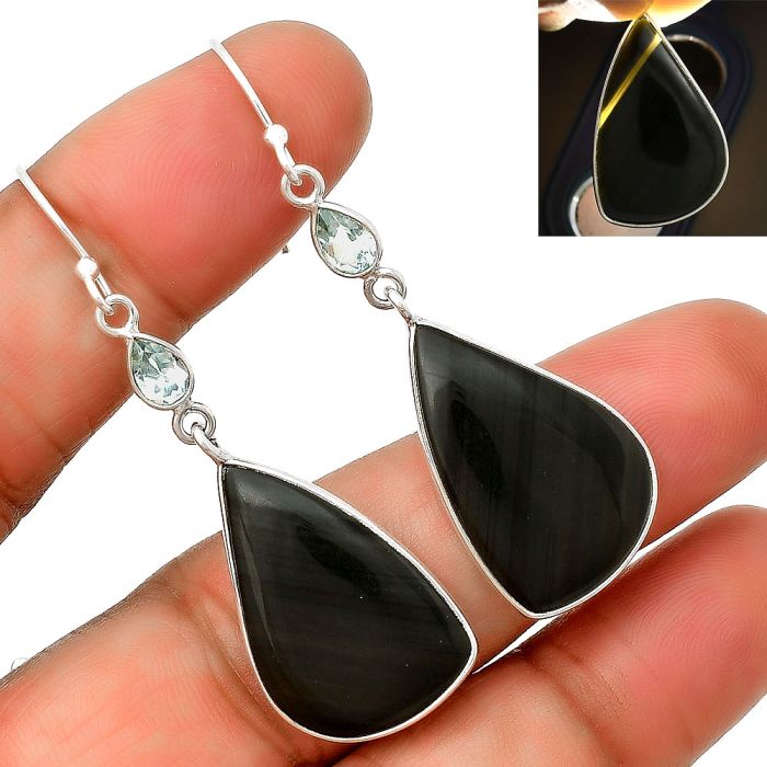Black Lace Obsidian & Sky Blue Topaz Earrings SDE73977 E-1002, 15x24 mm