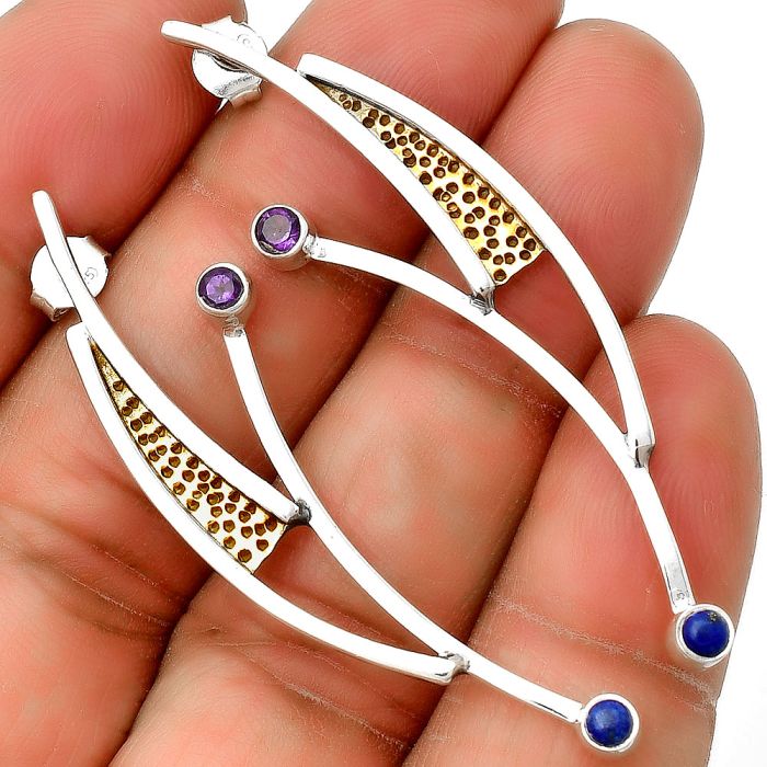 Two Tone Unique Design Amethyst & Lapis Lazuli Earrings SDE74020 E-1141, 3x3 mm