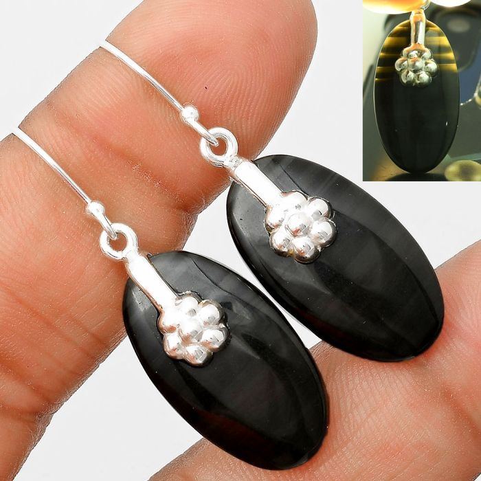 Natural Black Lace Obsidian Earrings SDE75282 E-1137, 14x25 mm