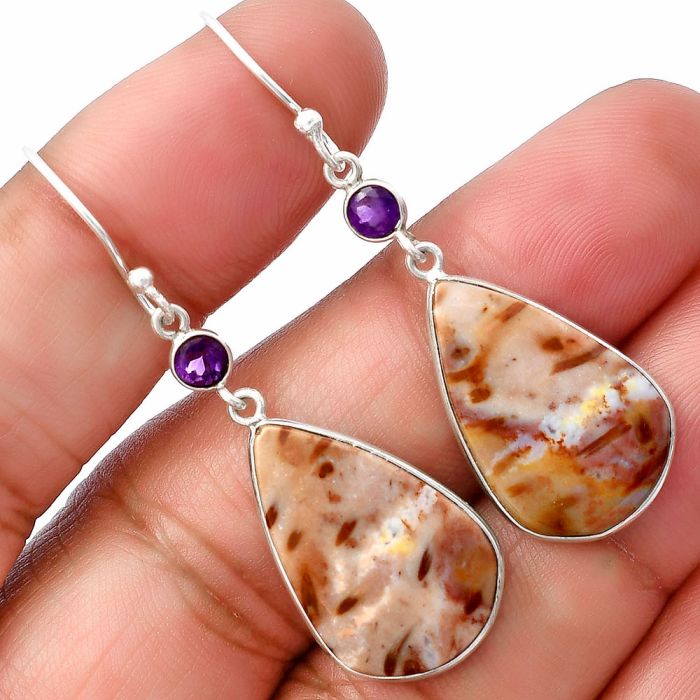 Palm Root Fossil Agate and Amethyst Earrings SDE77538 E-1002, 14x22 mm