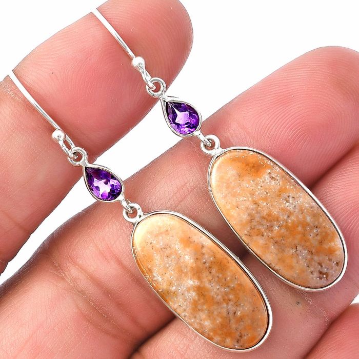 Oregon Red Moss Agate and Amethyst Earrings SDE78779 E-1002, 11x23 mm