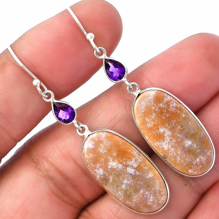 Oregon Red Moss Agate and Amethyst Earrings SDE78780 E-1002, 12x23 mm