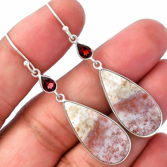 Oregon Red Moss Agate and Garnet Earrings SDE78783 E-1002, 12x26 mm