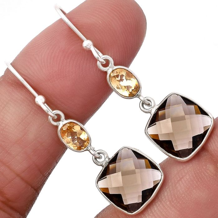 Smoky Quartz Briolette Checker and Citrine Earrings SDE80309 E-1006, 10x10 mm