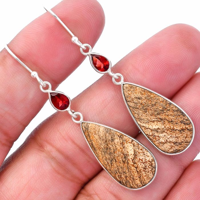 Picture Jasper and Garnet Earrings SDE80562 E-1002, 11x23 mm