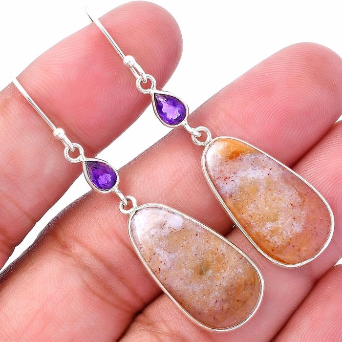 Red Moss Agate and Amethyst Earrings SDE80661 E-1002, 12x24 mm