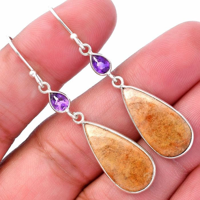 Red Moss Agate and Amethyst Earrings SDE80668 E-1002, 11x22 mm