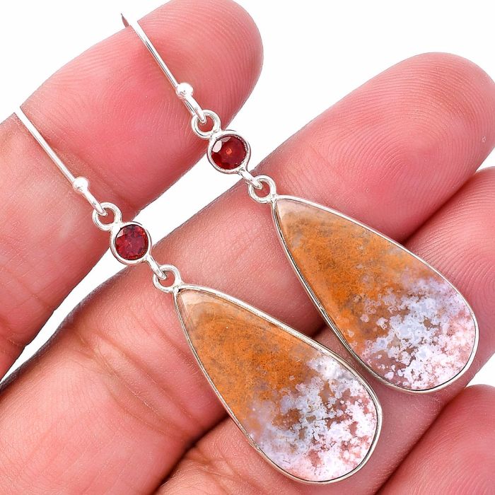 Red Moss Agate and Garnet Earrings SDE80692 E-1002, 12x26 mm