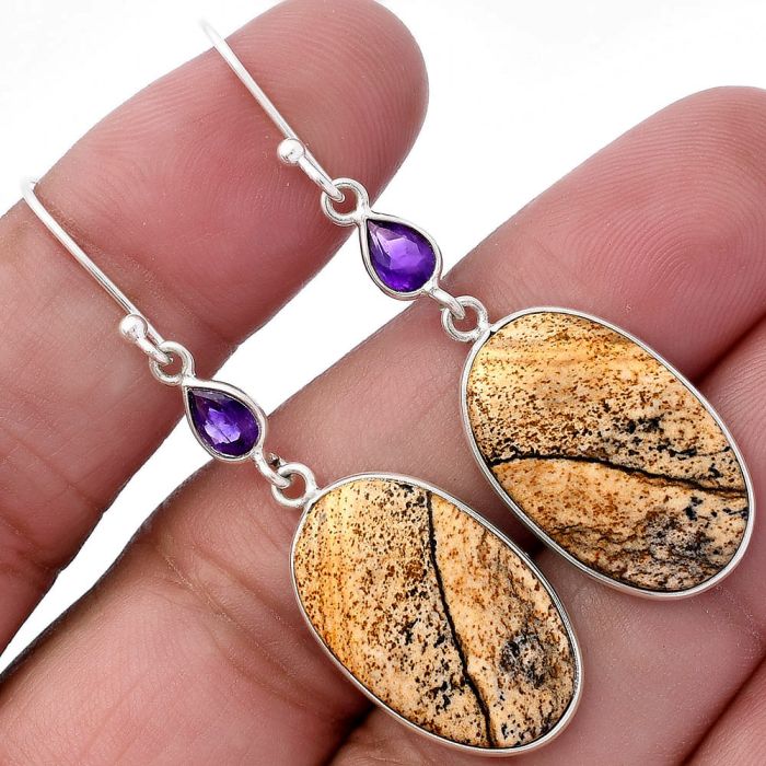 Picture Jasper and Amethyst Earrings SDE80869 E-1002, 14x22 mm