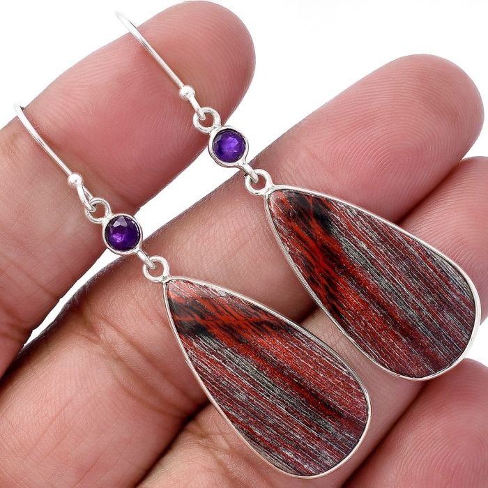 Snake Skin Jasper and Amethyst Earrings SDE80891 E-1002, 14x29 mm