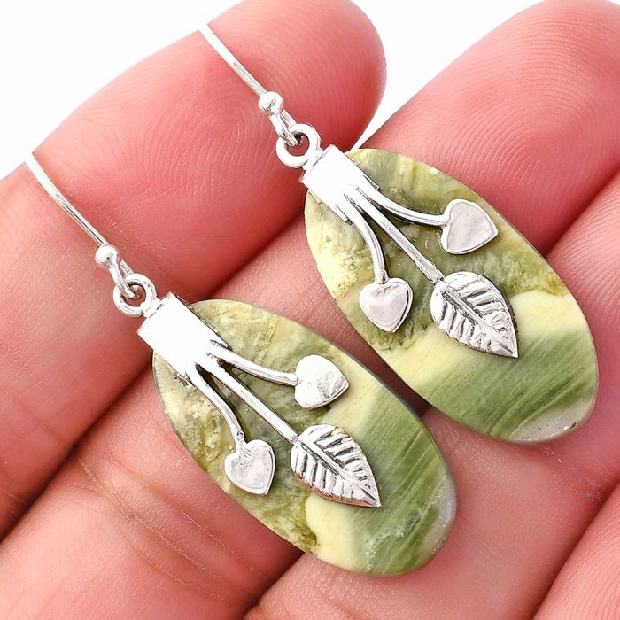 Valentine Gift Leaf Heart - Natural Serpentine Earrings SDE81486 E-1233, 13x26 mm