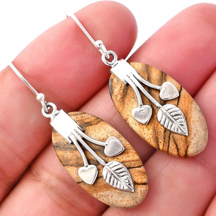 Valentine Gift Leaf Heart - Picture Jasper Earrings SDE81487 E-1233, 13x24 mm